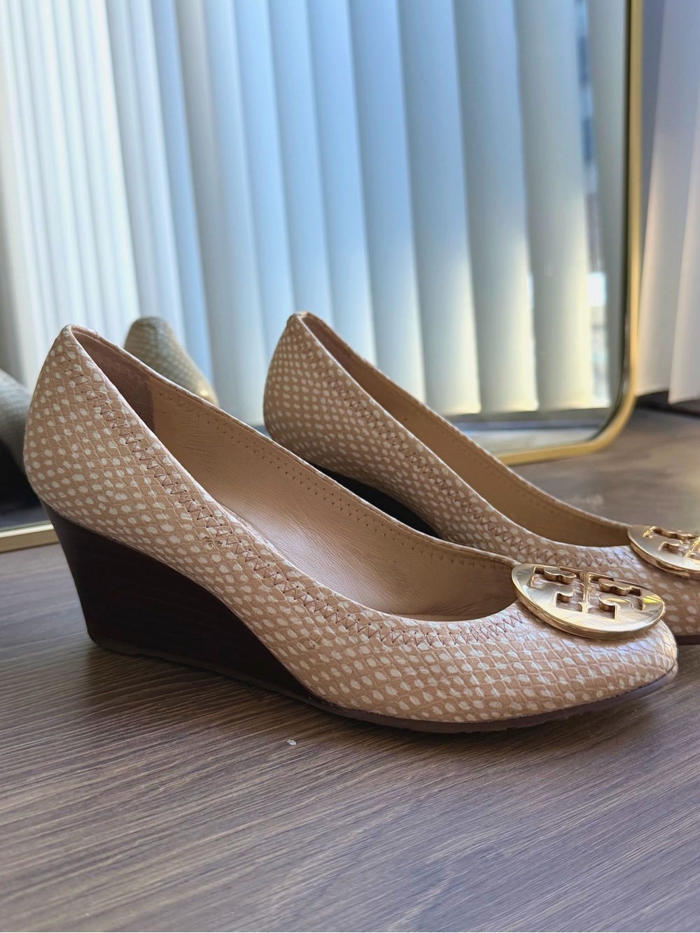 Tory Burch Neutral Textured Wedge Pumps with Gold Logo